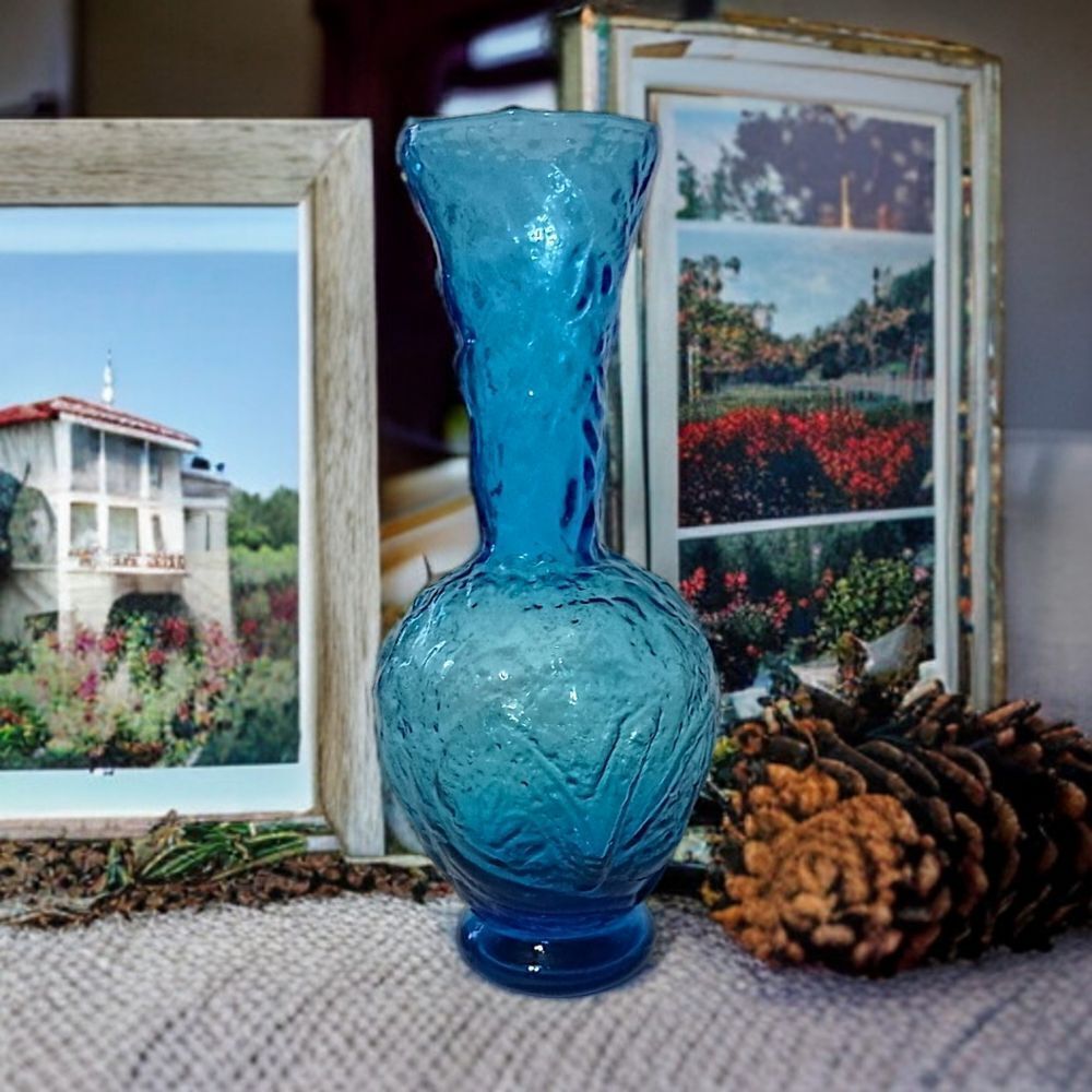 Empoli Glass Embossed Vase Flared Blue Textured Italian Ikebana MCM Abstract - Picture 11 of 15